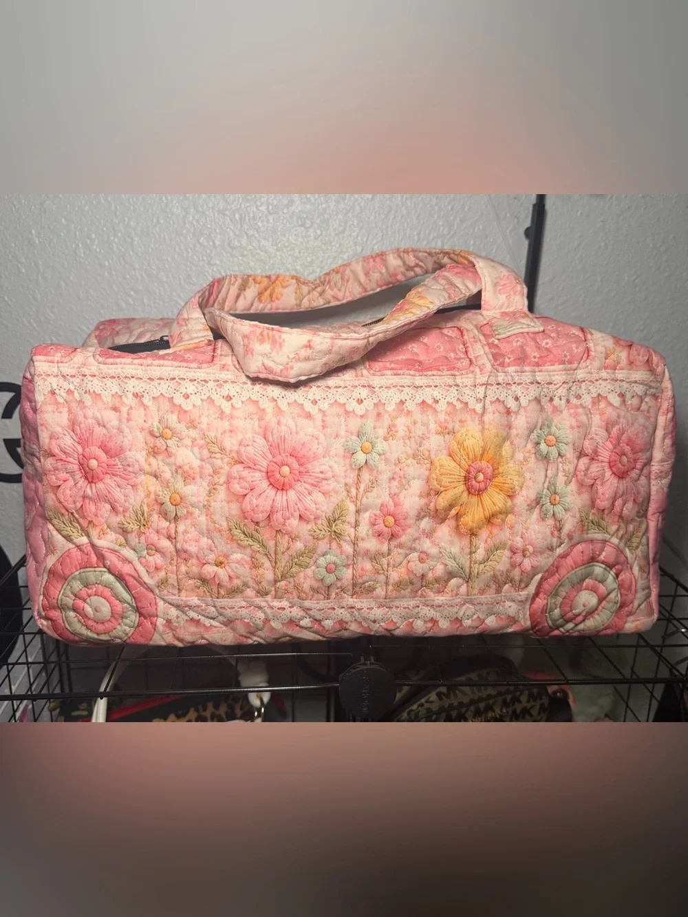Quilted Pink Floral Travel Tote Bag - Soft Pastel Design